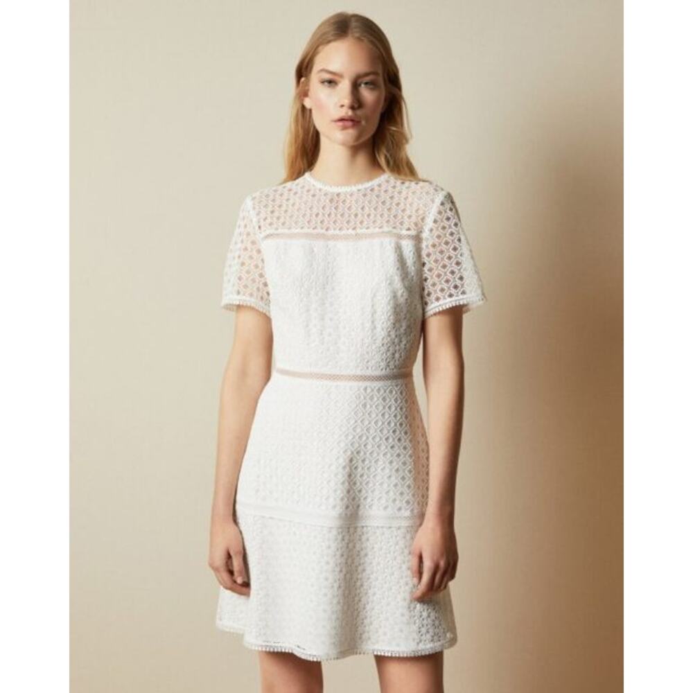 Ted Baker London White Dress 12 Minimalist Large Semi Formal Cocktail Retro 60s